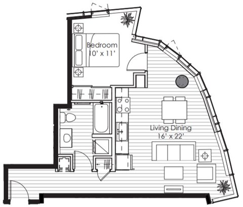 Floor plan for 1 bed, 1 bath, 701 sqft